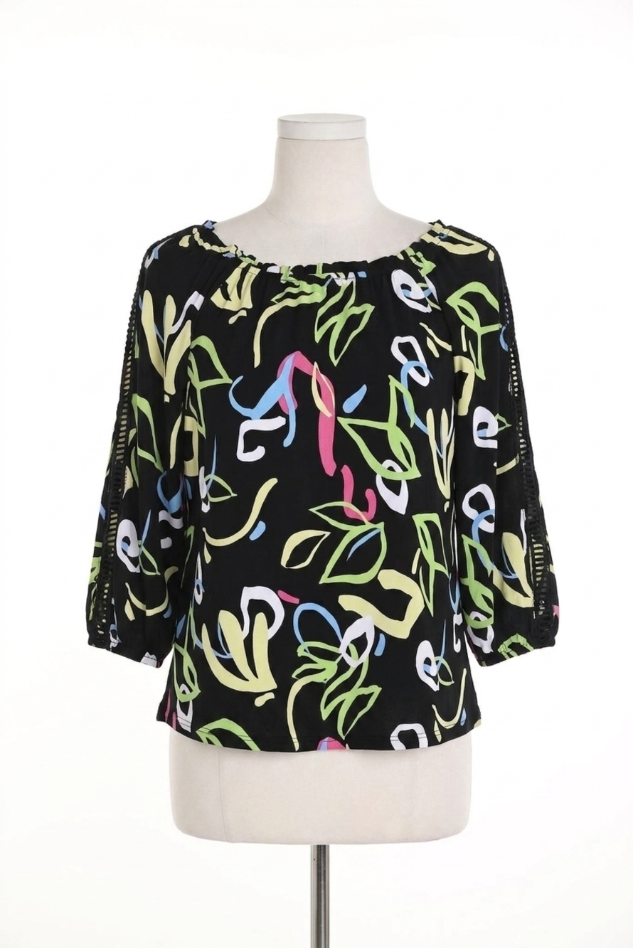 NEW FRANK LYMAN berri top in black and multi color abstract print